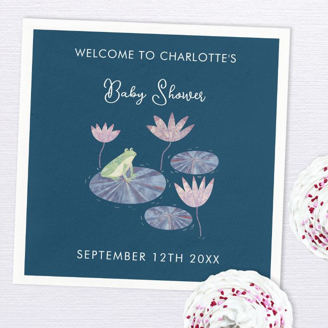 Frog in a Lily Pond Cute Baby Shower Napkins (Cute frog themed baby shower personalized paper party napkins)