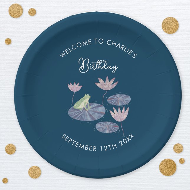 Frog in a Lily Pond Cute Birthday Party Paper Plates (Cute frog themed kids birthday party personalized paper plates)