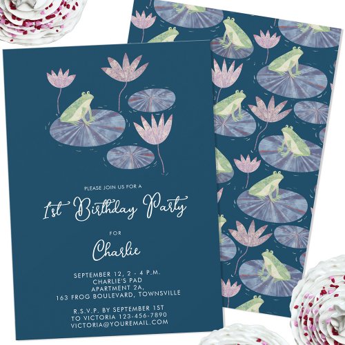 Frog in a Lily Pond Cute First 1st Birthday Party Invitation