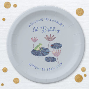 Frog in a Lily Pond Cute Kids First 1st Birthday Paper Plates