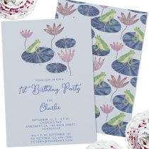 Frog in a Lily Pond Cute Kids First Birthday Party Invitation