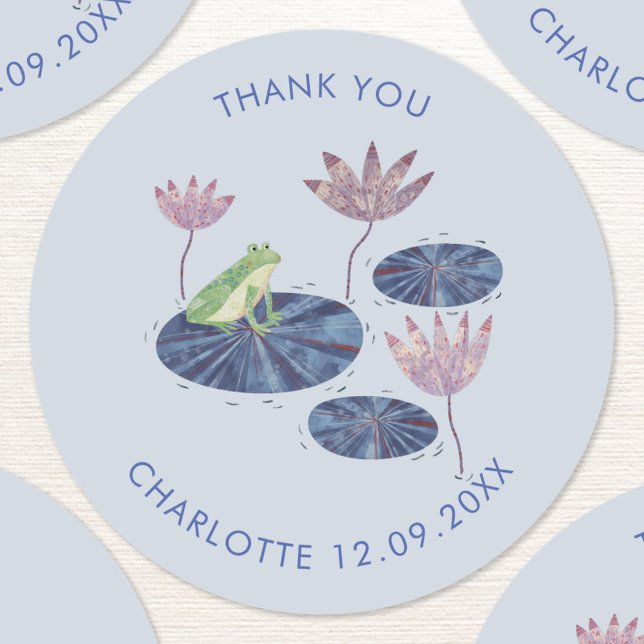 Frog in a Lily Pond Cute Thank You Classic Round Sticker (Personalized thank you stickers with a cute frog on a lily pad. Perfect for baby shower or birthdays)