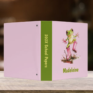 Frog in Cute Pink Boots in Puddle Monogram Child's 3 Ring Binder