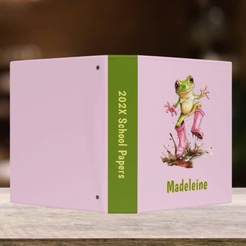 Frog in Cute Pink Boots in Puddle Monogram Child's 3 Ring Binder