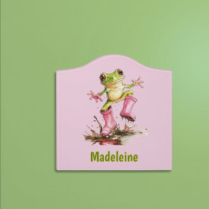 Frog in Cute Pink Boots in Puddle Monogram Child's Door Sign