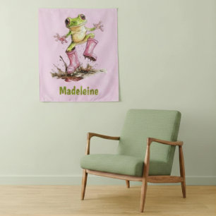 Frog in Cute Pink Boots in Puddle Monogram Child's Tapestry
