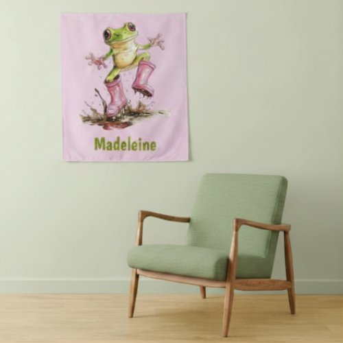 Frog in Cute Pink Boots in Puddle Monogram Child's Tapestry