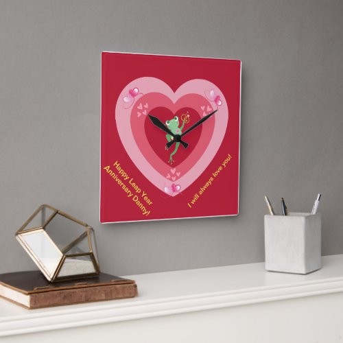 Frog in Heart with Rings Square Wall Clock