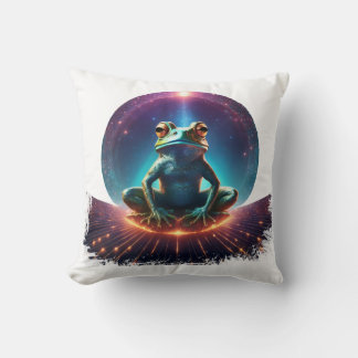 Frog in lotus pose on a floating asteroid with sta throw pillow