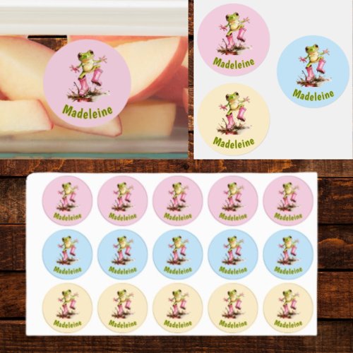 Frog in Pink Rain Boots Monogram Pastel Child's Labels