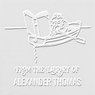 Frog in Row Boat Reading Book Library Name Embosser