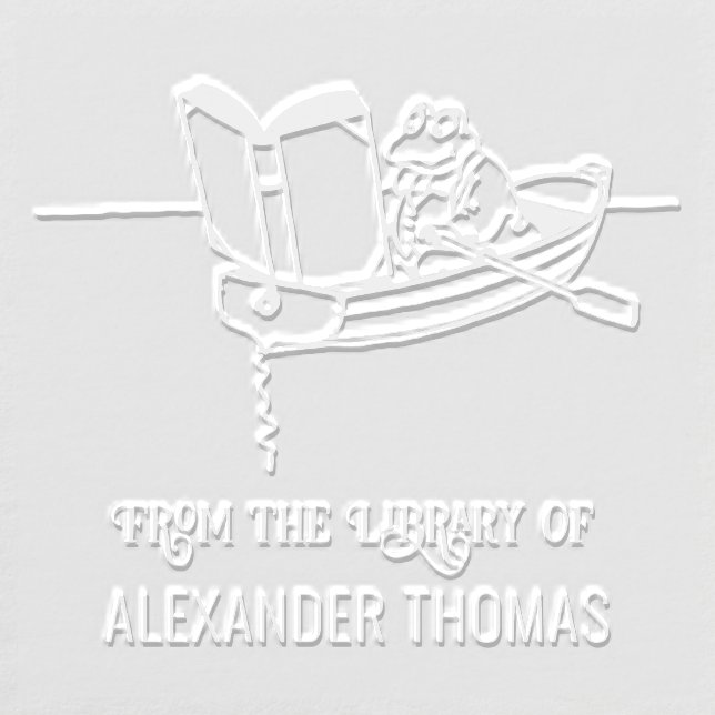 Frog in Row Boat Reading Book Library Name Embosser (Design)