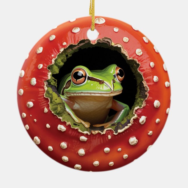 Frog in Toadstool – Cute Woodland Mushroom Art Ceramic Ornament (Back)