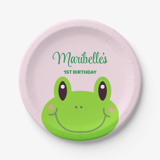 Frog Kids Birthday Party Cute Pink Paper Plates (Front)