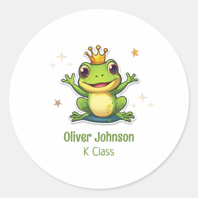 Frog King Cartoon Back To School Name And Class  Classic Round Sticker (Front)
