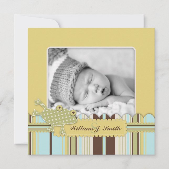 Frog Leaping over Stripe Print Birth Announcement (Front)