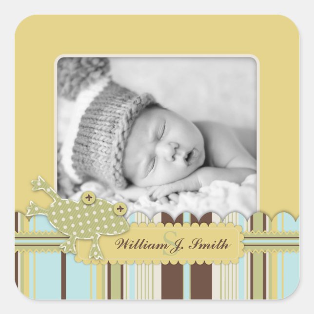 Frog Leaping over Stripe Print Birth Announcement Square Sticker (Front)