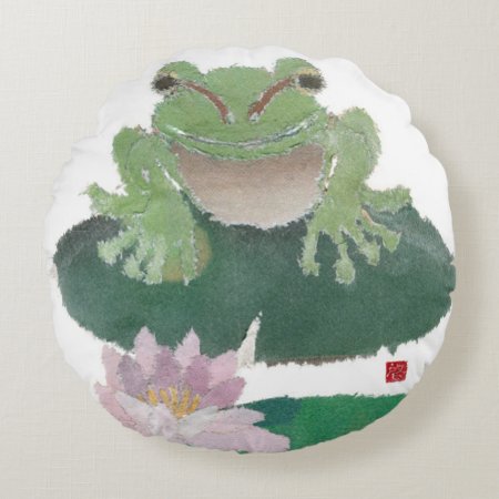 Frog, Lily Pad, Lotus Round Pillow