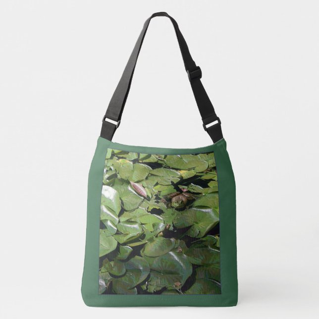 Frog, Lily Pads, Pink Camelias Crossbody Bag (Front)