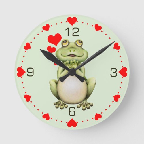 Frog Love Drawing Green Hearts Round Clock