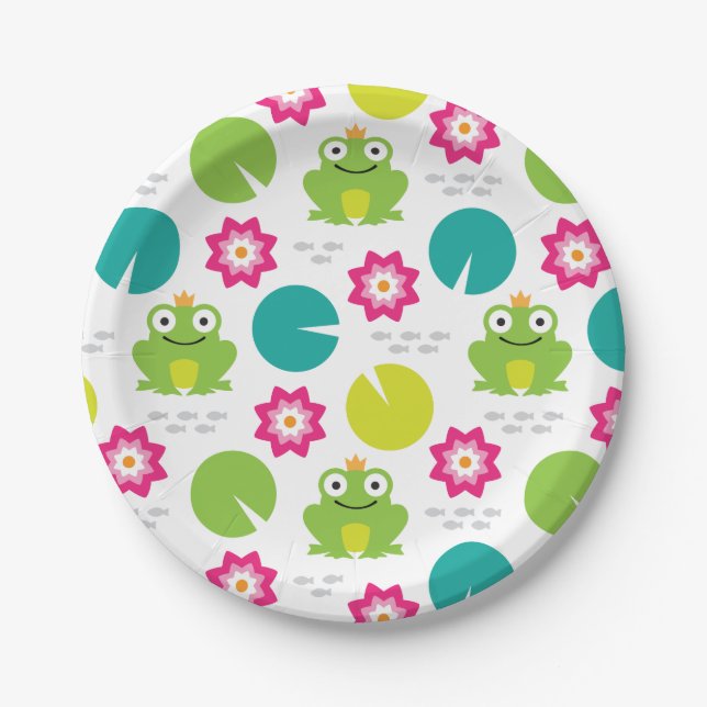 Frog & Nenuphar Seamless Pattern Paper Plates (Front)