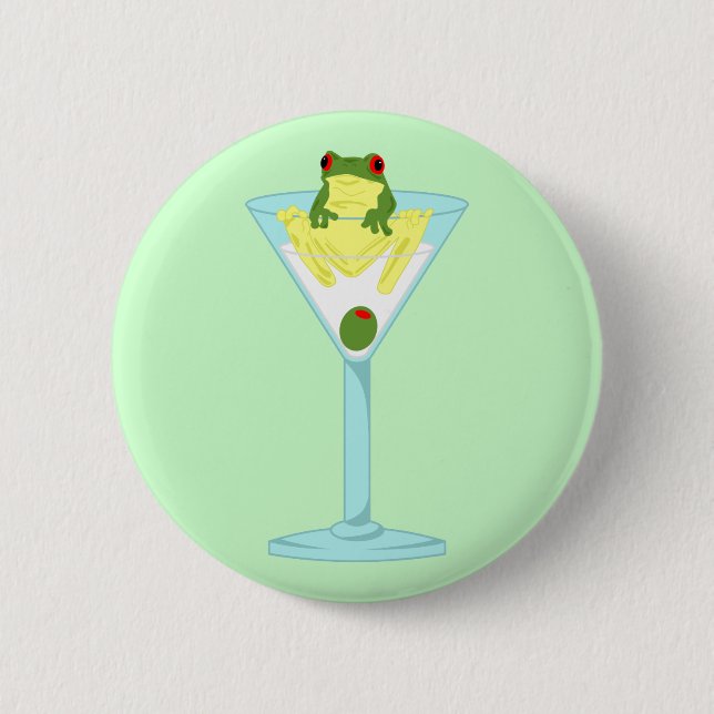 Frog & Olive in Martini Glass Pinback Button (Front)