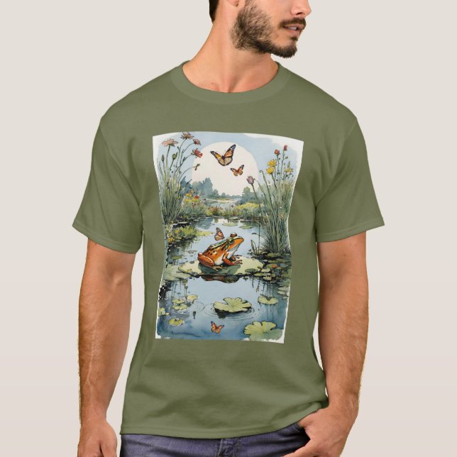 Frog On A Lily Pad with Butterflies T-Shirt (Front)