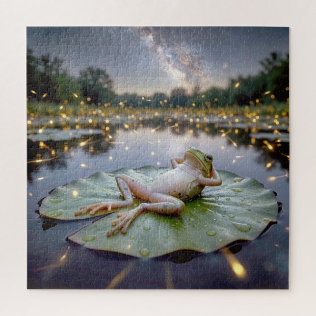 Frog On a Lily Pad with Fireflies Jigsaw Puzzle (Vertical)