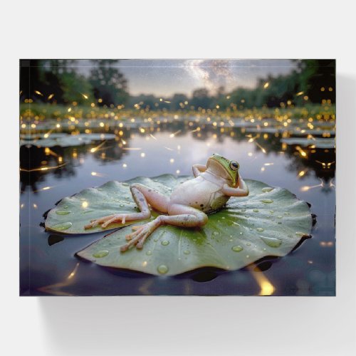 Frog On a Lily Pad with Fireflies Paperweight