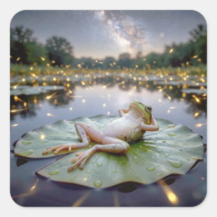 Frog On a Lily Pad with Fireflies Square Sticker