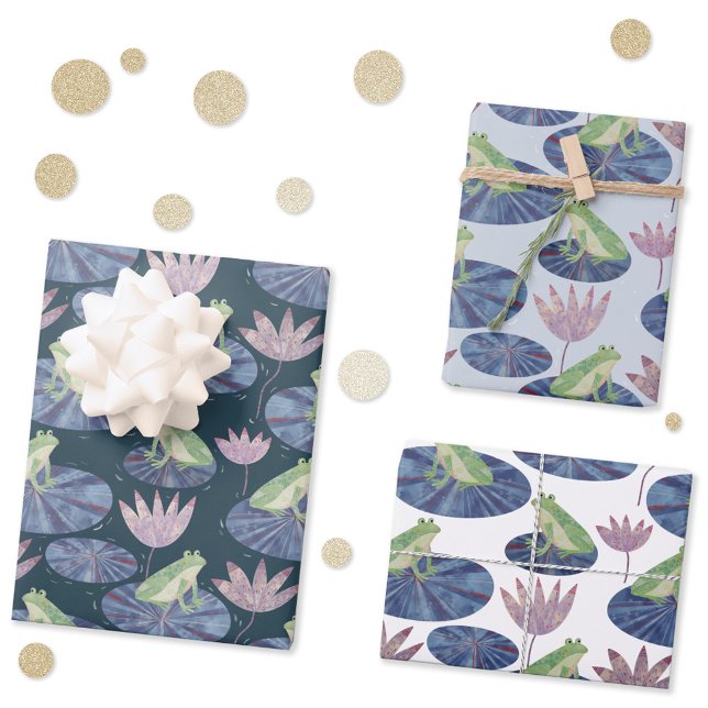 Frog on a Lily Pond Wrapping Paper Sheets (Frogs on lily leaves patterned gift wrap paper)
