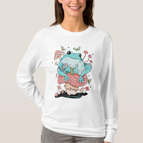 Frog On A Mushroom Cute Frog T_Shirt