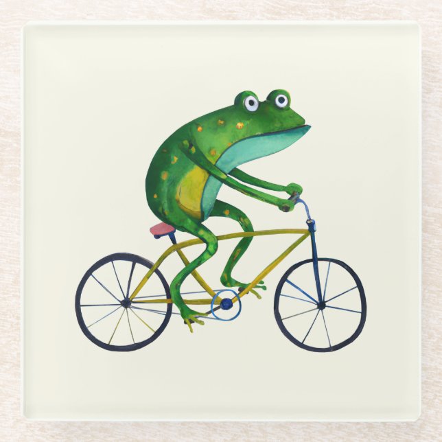Frog On Bicycle Glass Coaster (Front)