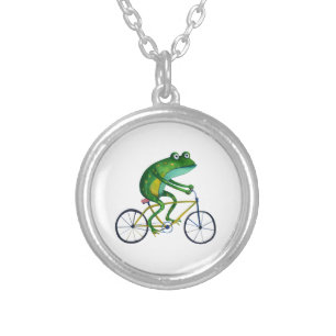 Frog On Bicycle Silver Plated Necklace