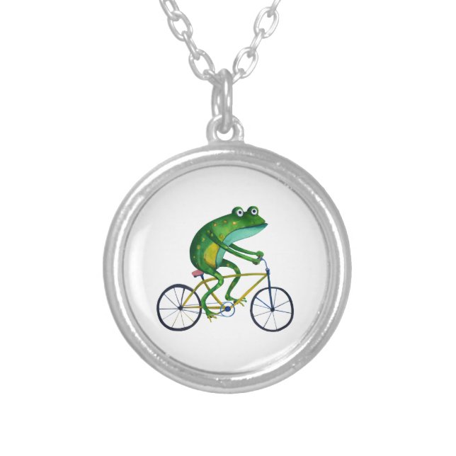 Frog On Bicycle Silver Plated Necklace (Front)