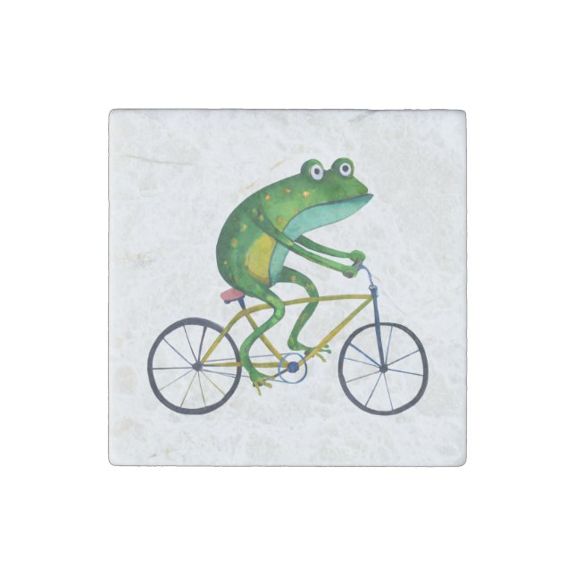 Frog On Bicycle Stone Magnet (Front)