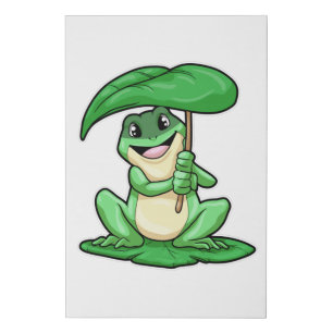 Frog on Leaf with Umbrella Faux Canvas Print