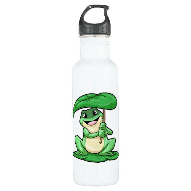 Frog on Leaf with Umbrella Stainless Steel Water Bottle (Front)
