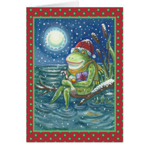 FROG ON LOG, GREEN SANTA CHRISTMAS CARD Blank