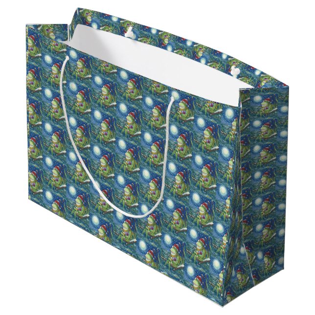 FROG ON LOG SANTA, CHRISTMAS LARGE GIFT BAG (Back Angled)