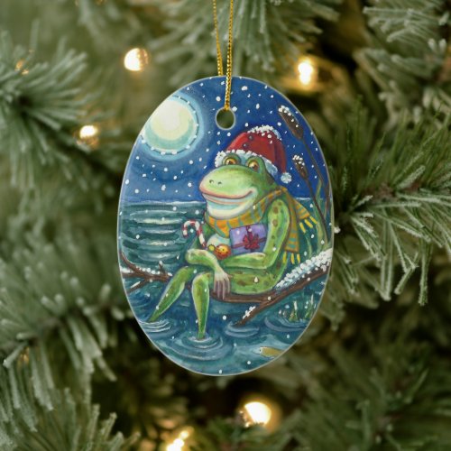 FROG ON LOG WARMS THE HEART FUNNY CUTE CHRISTMAS CERAMIC ORNAMENT