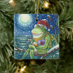 FROG ON LOG WARMS THE HEART, FUNNY, CUTE CHRISTMAS CERAMIC ORNAMENT
