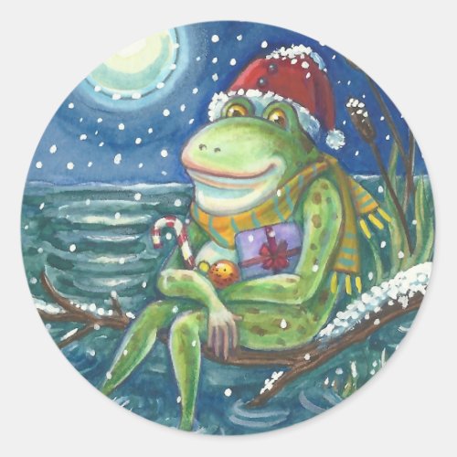 FROG ON LOG WARMS THE HEART FUNNY CUTE CHRISTMAS CLASSIC ROUND STICKER