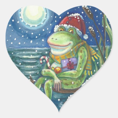 FROG ON LOG WARMS THE HEART FUNNY CUTE CHRISTMAS HEART STICKER