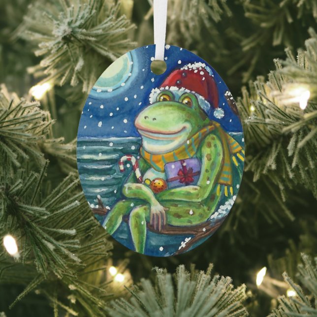 FROG ON LOG WARMS THE HEART, FUNNY, CUTE CHRISTMAS METAL ORNAMENT (Insitu)
