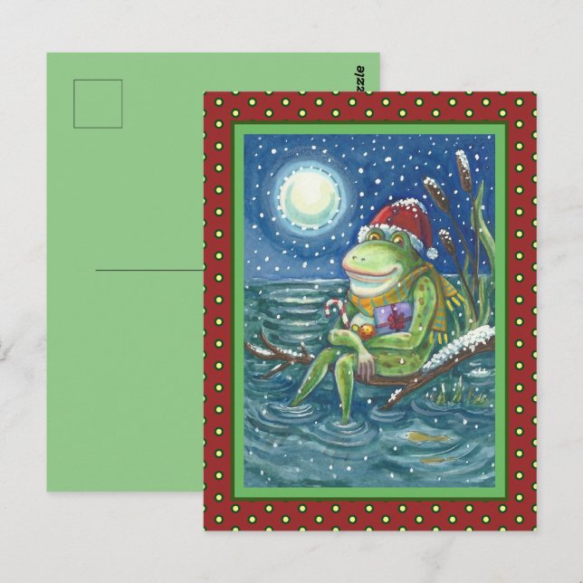 FROG ON LOG WARMS THE HEART, FUNNY, CUTE CHRISTMAS POSTCARD (Front/Back)