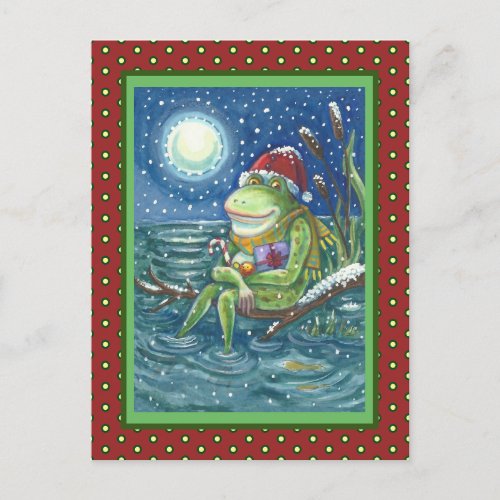 FROG ON LOG WARMS THE HEART FUNNY CUTE CHRISTMAS POSTCARD