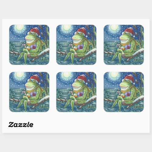 FROG ON LOG WARMS THE HEART FUNNY CUTE CHRISTMAS SQUARE STICKER
