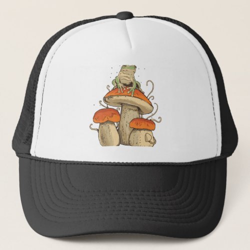 Frog on mushroom trucker hat