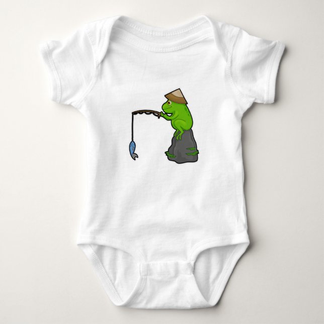 Frog on Stone at Fishing with Fishing rod & Fish Baby Bodysuit (Front)